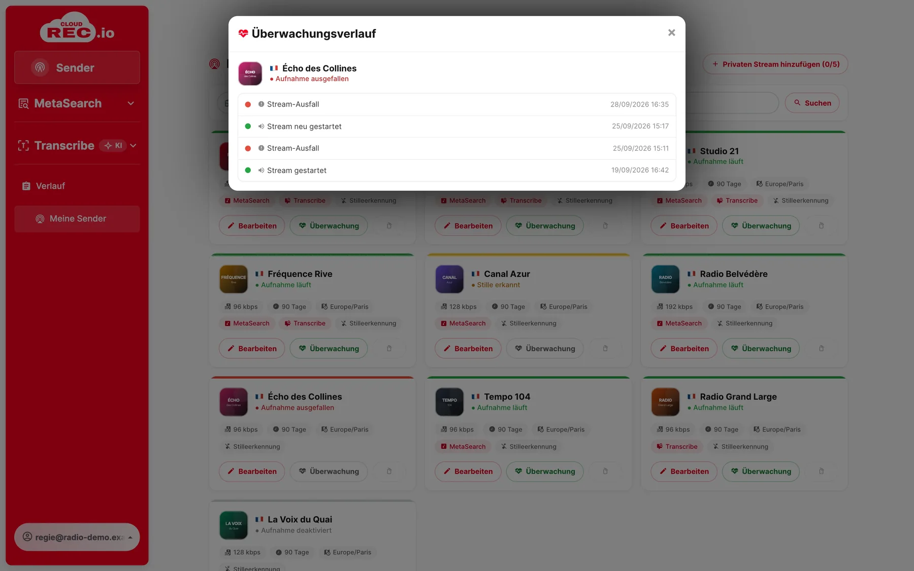 CloudREC.io-Screenshot : Überwachung und Alarme rund um die Uhr