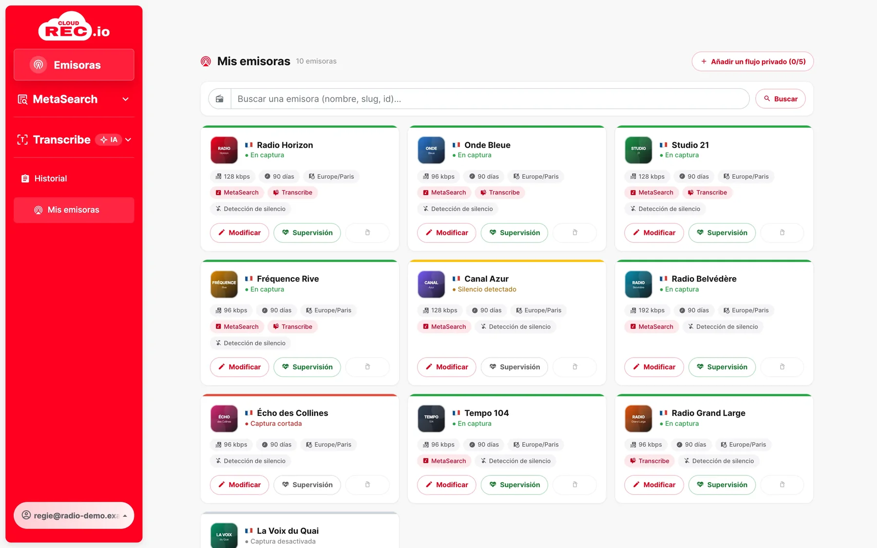 Captura de pantalla de CloudREC.io : Supervisión