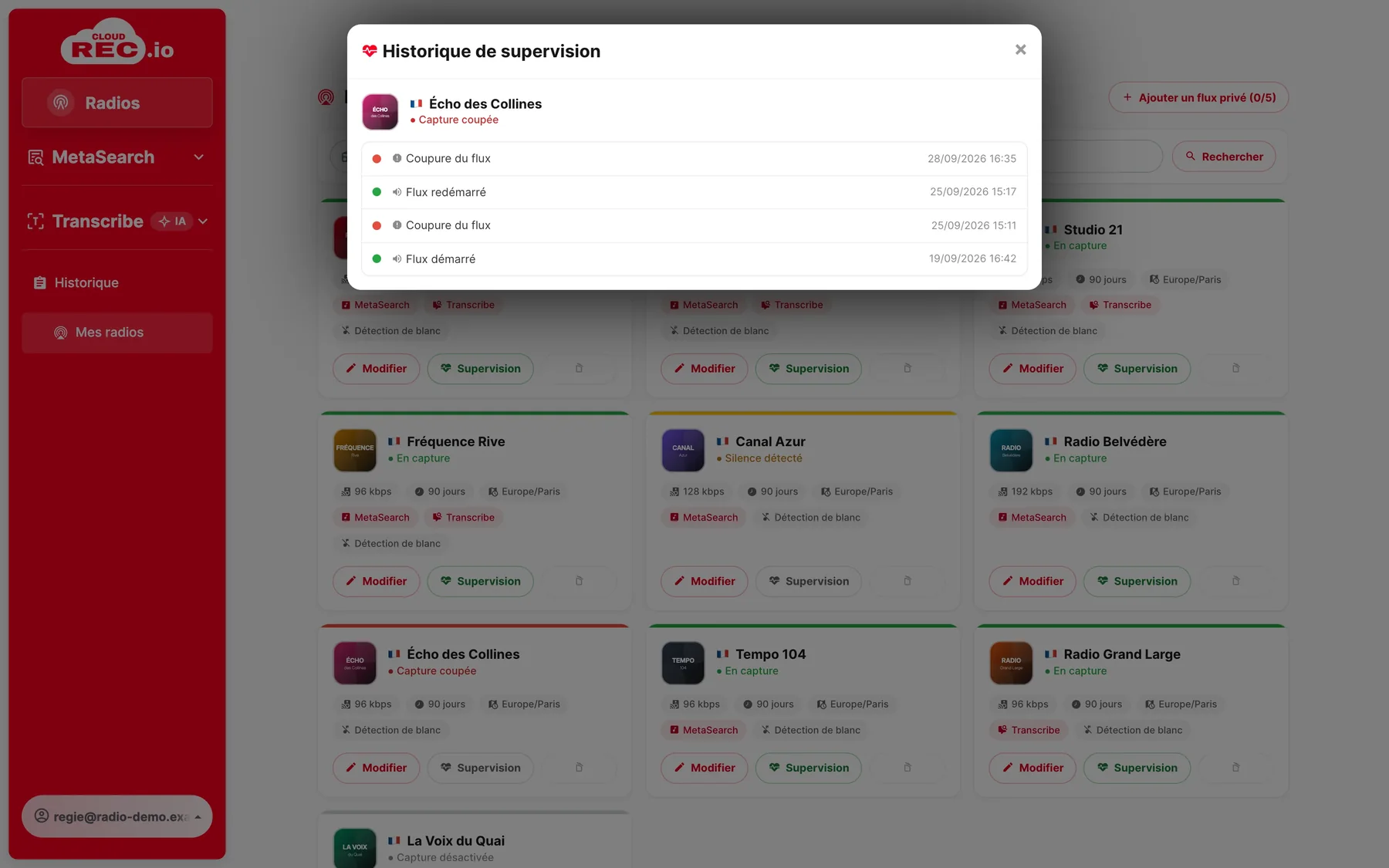 Capture d’écran CloudREC.io : Supervision et alertes en continu